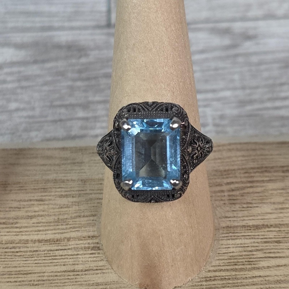 VTG Large Blue Topaz Ring CNA 925 Sterling Silver Filigree Size 9 Art Deco